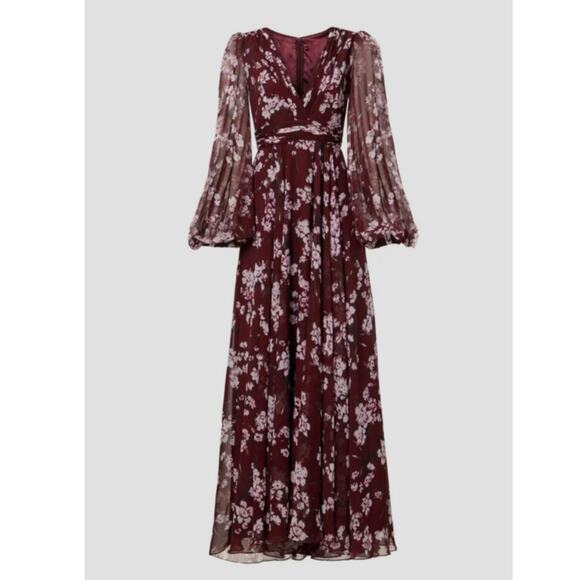 Mac Duggal Floral Chiffon Bishop Sleeves Gown Dress Burgundy Size 0 NWT - Picture 13 of 13
